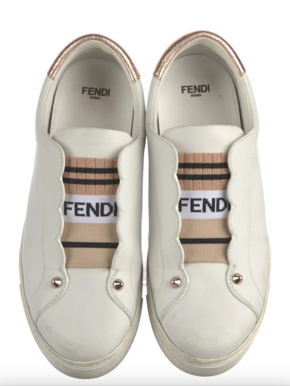 Fendi White Leather Slip-On Sneakers with Beige Logo Band